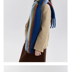 Detail of wool blend striped scarf with tassels showing thick texture and multicolor pattern