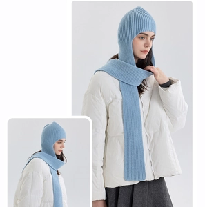 Detail of light blue knitted hooded scarf showing soft vertical ribbed texture and fit