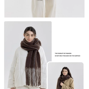 Detail of wool blend striped scarf with long tassels and soft knitted texture close-up