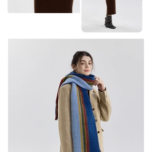 Close-up of winter wool blend striped scarf with vintage color blocks and soft texture