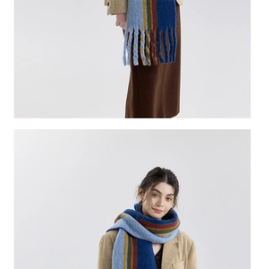 Detailed view of multicolor striped wool blend scarf with thick fringe tassels