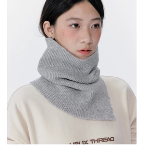 Close-up of grey ribbed knit neck warmer with button detail and triangular chest cover