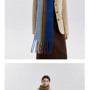 Close-up of thick wool blend scarf with multicolor stripes and long tassel details