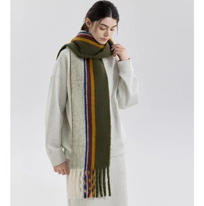 Detail of colorful striped wool blend scarf with thick fringe tassels and knit texture