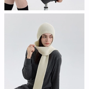 Detailed close-up of cream ribbed knit balaclava showing vertical texture and warm hood