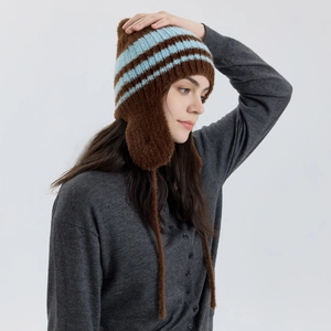 Cappello con Paraorecchie in Maglia a Righe a Contrasto Stile Vintage Collegiale Beanie in Nylon Caldo con Lacci Donna