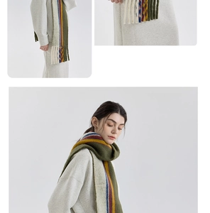 Close-up of wool blend vintage plaid scarf featuring striped patterns and fringed edges