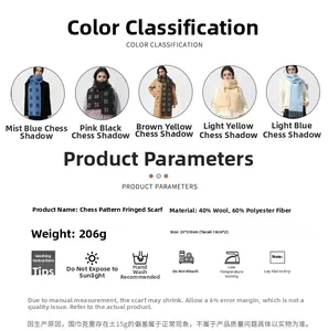 Detail specifications for soft wool blend plaid scarf with tassels for autumn and winter