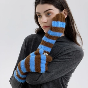 Women Y2K Striped Knitted Gloves Winter Warm Plush Faux Fur Fingerless Arm Warmers Soft Fuzzy Thermal Long Mittens Accessories