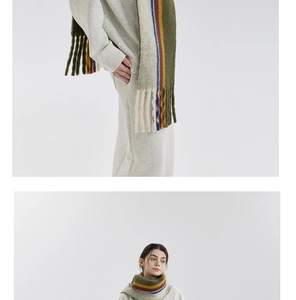 Close-up of wool blend knit texture and long fringe details on a striped winter scarf
