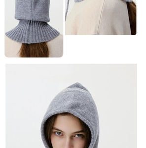 Three-way view of a grey knitted balaclava showing soft wool texture and ribbed neck design