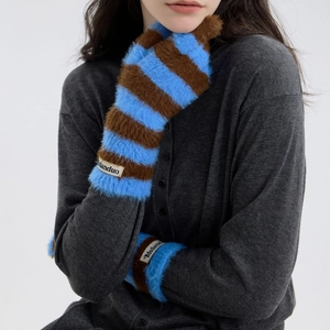 Blue and brown striped faux mink fur gloves with plush texture and woven logo label