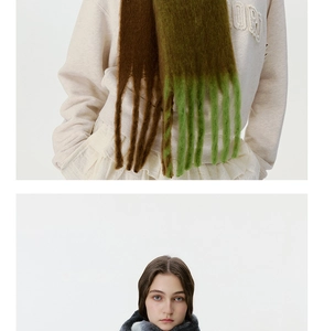 Detailaufnahme der langen Fransen und weichen Mohair-Textur dieses Winter-Karoschals