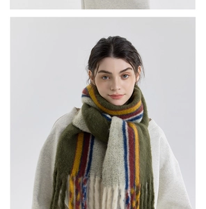 Detail of colorful plaid wool blend scarf with thick fringes and soft brushed texture