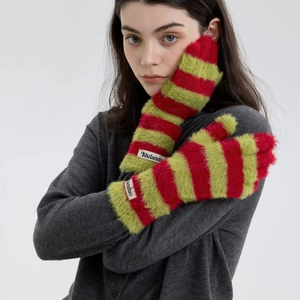 Striped plush mittens in red and green knit with warm fluffy faux mink fur texture