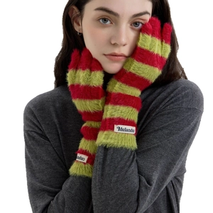 Striped red and green fuzzy plush gloves for women featuring warm long-hair faux mink wool