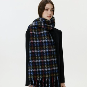 Women's warm winter brushed houndstooth plaid scarf with long tassels and soft mohair texture