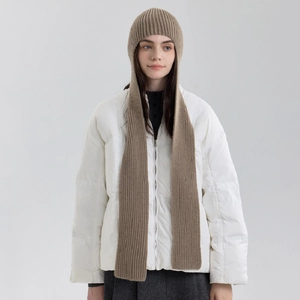 Brown knitted hooded scarf shawl with ribbed texture for winter warmth and protection