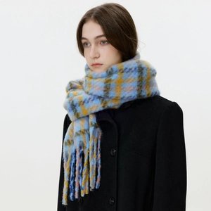 Soft checkered winter scarf with tassels in blue, yellow, and pink colors for women