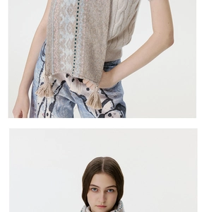 Detailed view of Fair Isle knit scarf featuring ethnic patterns and thick tassel edges