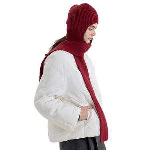 Deep red ribbed knit hooded scarf balaclava for winter windproof neck and head warmth