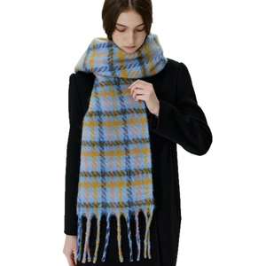 Rainbow plaid mohair-feel scarf with long fringe and pastel colors for winter