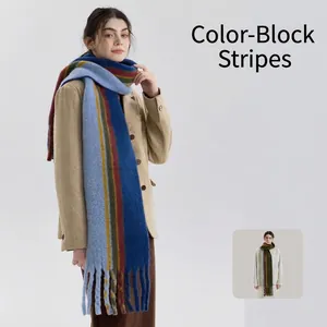 Vintage Wool Blend Striped Scarf For Women Men Winter Thick Warm Long Tassel Wrap Oversized Soft Fringe Shawl Neckwear Gift