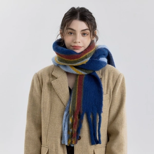 Thick wool blend colorful striped scarf with tassels paired with a beige herringbone coat