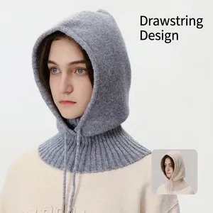 Women Knitted Balaclava Hat Winter Warm Hooded Scarf Neck Warmer Solid Color Adjustable Drawstring Ear Protection Cap Accessory