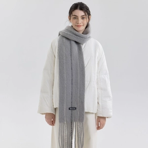 Retro grey wool blend striped scarf with tassels and brand woven label for winter style
