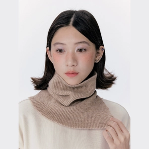 Minimalist camel knit neck warmer with ribbed texture and high collar design for winter