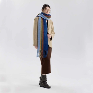 Retro multi-colored striped wool blend scarf with long tassels for winter warmth