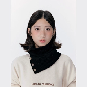 Black knit neck warmer scarf with wooden buttons and warm high-collar design for winter