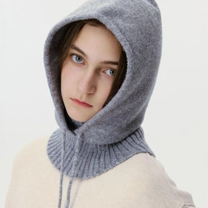 Gray knitted balaclava with drawstring for women featuring warm ear and neck protection