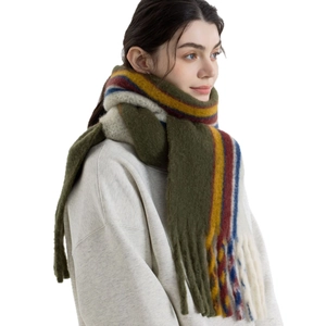 Thick wool blend plaid scarf with multicolor stripes and fringe for winter warmth