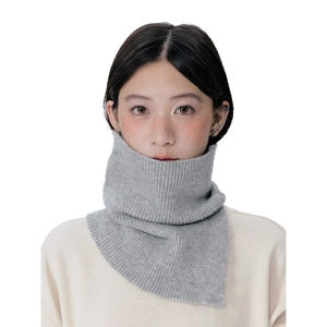 Gray knitted neck warmer with ribbed texture and button design for winter warmth