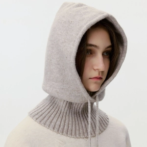 Beige knitted balaclava hood with drawstring and ribbed neck for winter warmth
