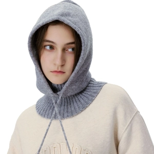 Gray knitted Balaclava hood for women featuring warm fleece texture and adjustable drawstring