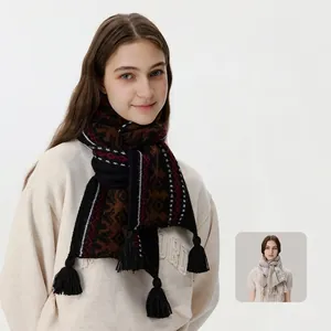 Vintage Fair Isle Knit Scarf Wool Blend Geometric Pattern Winter Warm Tassels Neck Warmer For Men Women Retro Accessory