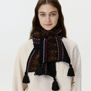 Retro Fair Isle wool blend knitted scarf with geometric patterns and black fringes