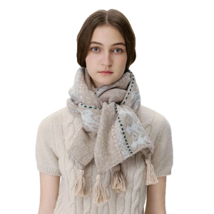 Fair Isle wool blend knit scarf with blue geometric patterns and fringed ends for winter