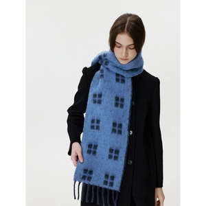 Blue windowpane wool tassel scarf with soft mohair texture for winter warmth