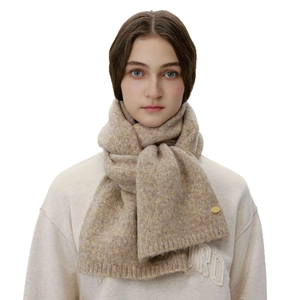 Thick beige wool knit scarf with golden metal logo, unisex warm autumn winter shawl wrap