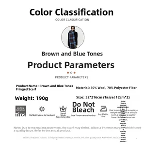 Specifications of blue and brown plaid wool blend scarf with tassel details and size info