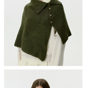 Detail of dark green knit shawl with high neck and amber-textured button accents