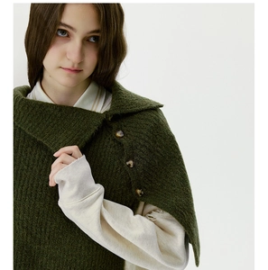 Detail view of dark green knitted neck warmer with three amber buttons for winter warmth