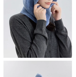 Close-up of sky blue wool blend knit balaclava showing thick ribbed texture and hood design