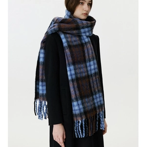 Detail of soft blue and brown plaid scarf with fringe on a black coat