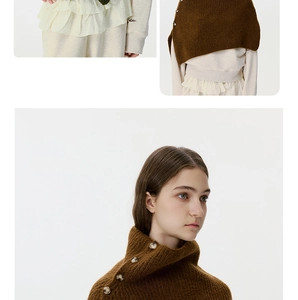 Detailed view of the brown knit neck warmer featuring a unique side button design texture