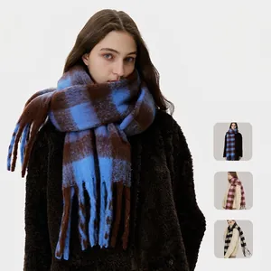 Women Plaid Tassel Scarf Soft Polyester Thick Warm Winter Shawl Large Checkered Mohair Style Wrap Cozy Autumn Accessory